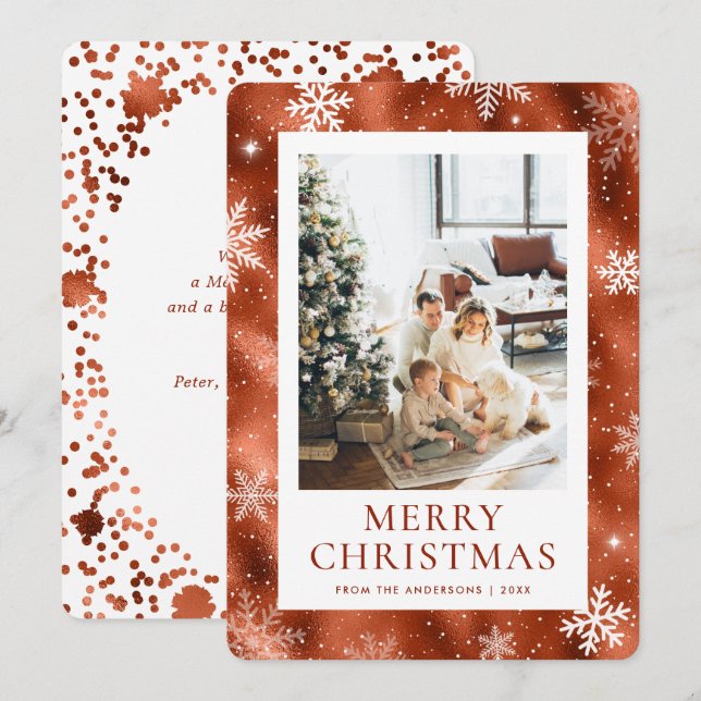 Copper Merry Christmas Snowflake Snow Photo Holiday Card (Front/Back)