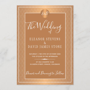 Copper Metallic Beige White Elegant Monogrammed Invitation