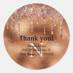 Copper Metallic Glitter Elegant Monogram Thank You Classic Round Sticker