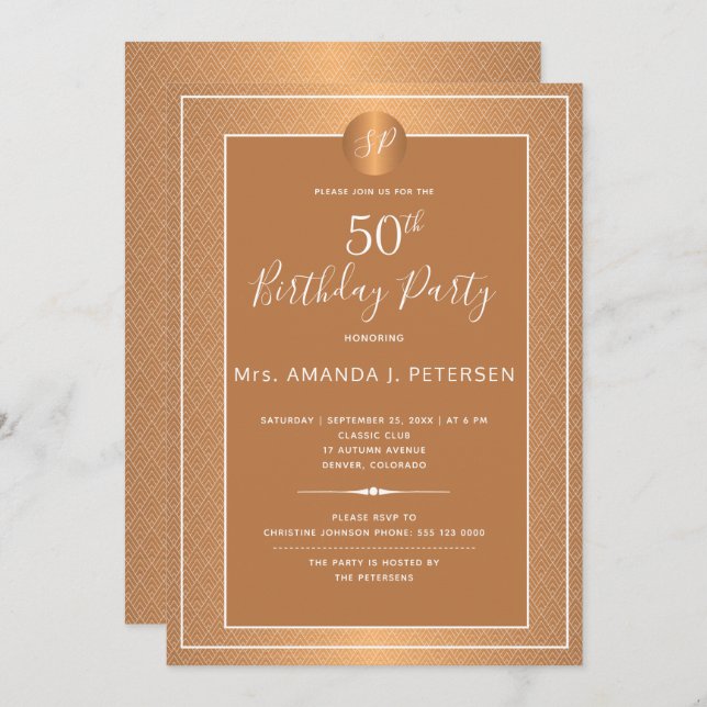 Copper Metallic Monogrammed Fifty Birthday Party Invitation (Front/Back)