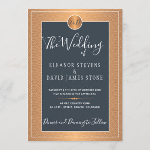Copper Metallic Navy Blue Elegant Monogram Wedding Invitation