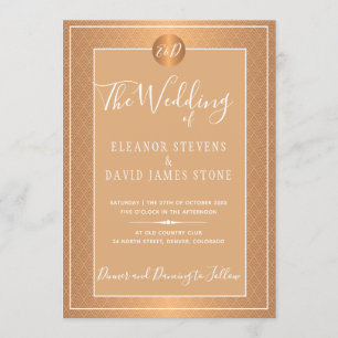 Copper Metallic White Elegant Monogram Wedding Invitation