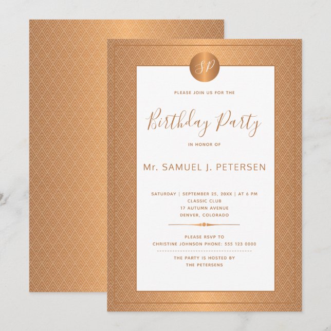 Copper Metallic White Monogram Birthday Party Invitation (Front/Back)