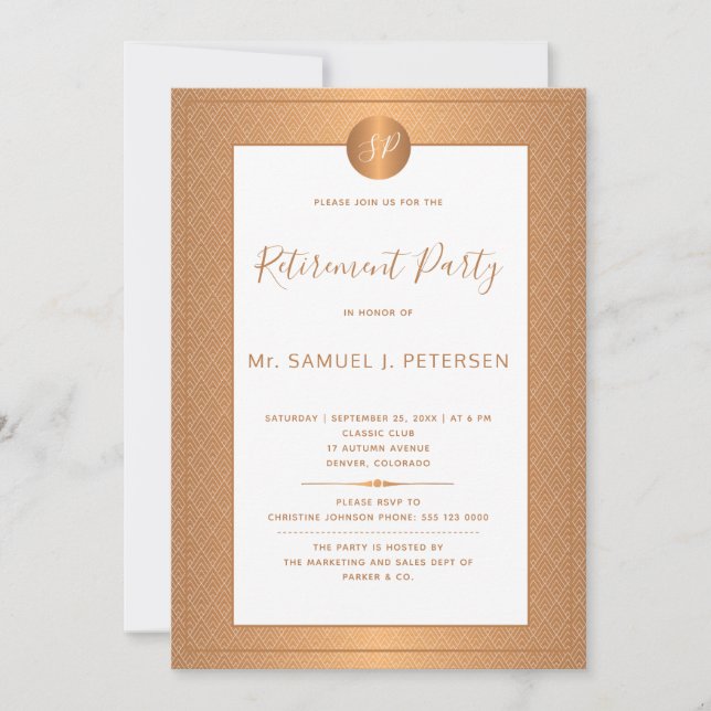 Copper Metallic White Monogram Retirement Party Invitation (Front)