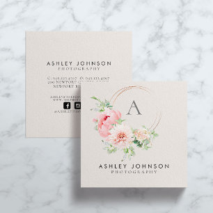 Copper Monogram Watercolor Pink Floral Square Business Card