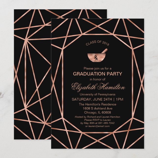 Copper Mortar & Pestle Rx Pharmacy School Grad Invitation (Front/Back)
