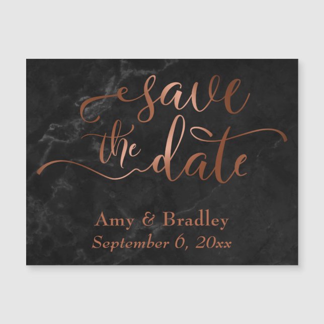 Copper on Black Marble Save the Date Magnetic Card (Front)