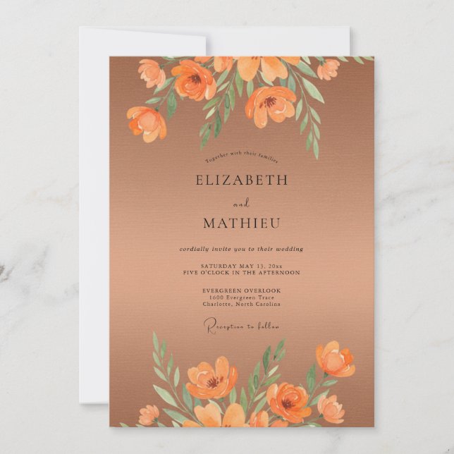 Copper Painted Poppy Wedding Invitation (Front)