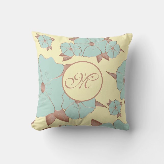 Copper Pale Teal Floral on Pastel yellow Cushion (Front)