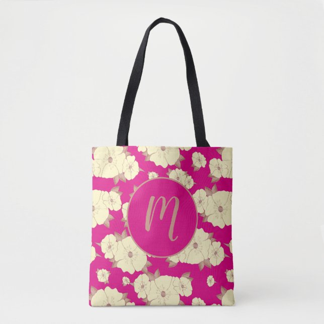 Copper Pastel Yellow Floral on Fuchsia pink Tote Bag (Front)