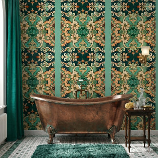Copper Patina Acanthus Scroll Damask Striped Wallpaper