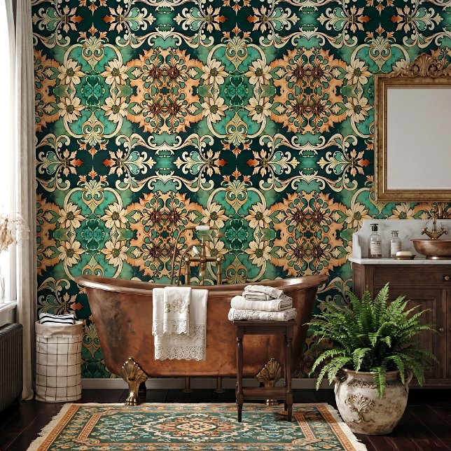 Copper Patina Acanthus Scroll Damask Vintage Style Wallpaper (Ornate copper patina verdigris repeating pattern wallpaper shown in Victorian style bathroom)