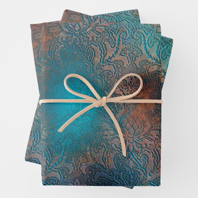 Copper Patina Rusted Damask  Wrapping Paper Sheet (In situ)