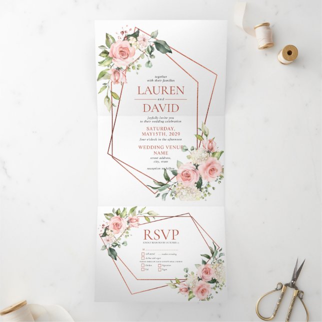 Copper Peach Pink Floral Eucalyptus Wedding Tri-Fold Invitation (Inside)