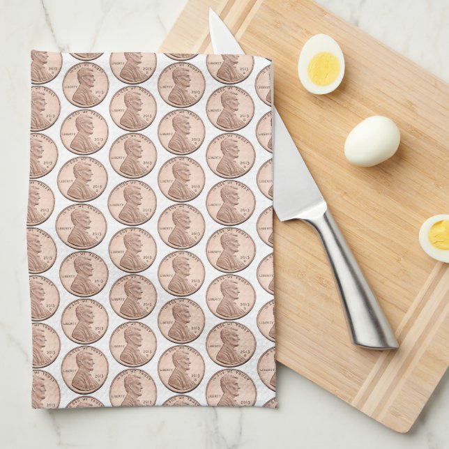Copper Penny Coin Pattern – Lincoln Cent Design Tea Towel (Quarter Fold)