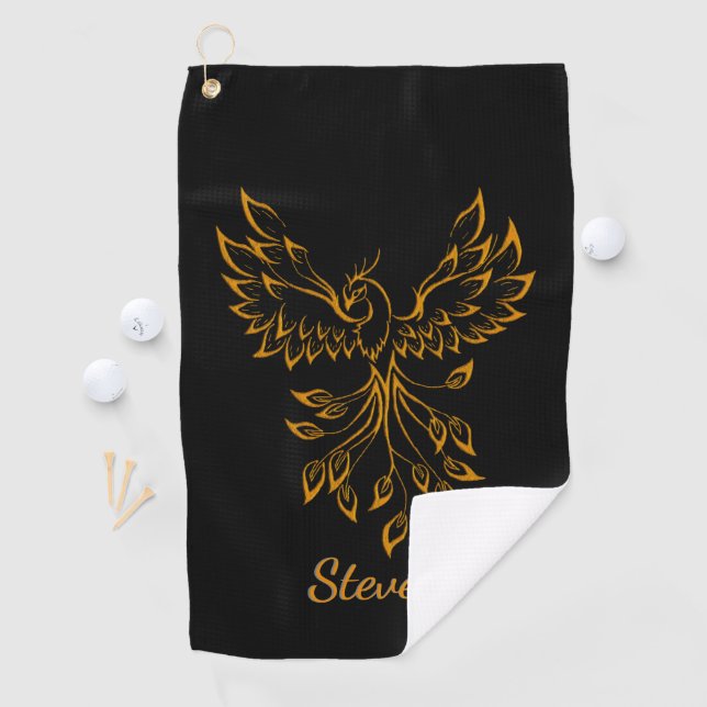 Copper Phoenix Rises on Black  Golf Towel (InSitu)