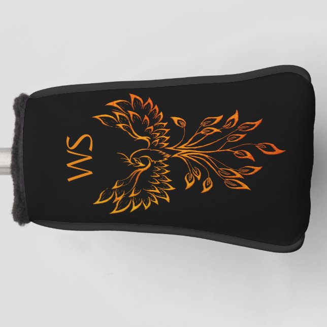 Copper Phoenix Rises on Black Initials Golf Head Cover (Front)