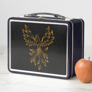 Copper Phoenix Rises on Black Metal Lunch Box