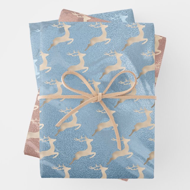 Copper Rose Gold Christmas reindeer pattern marble Wrapping Paper Sheet (In situ)