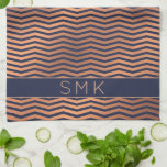 Copper Rose Gold Foil Chevron Navy Blue Monogram Tea Towel<br><div class="desc">Copper Rose Gold Foil Chevron Navy Blue Monogram Kitchen Towel in a modern copper rose gold chevron pattern on an elegant navy blue background. Easy to customise with text, fonts, and colours. Created by Zazzle pro designer BK Thompson © exclusively for Cedar and String; please contact us if you need...</div>