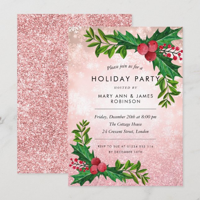 Copper Rose Gold Glitter Holiday Party  Invitation (Front/Back)