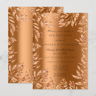 Copper Rose Gold Glitter Leafs Florals Frame Glam Invitation