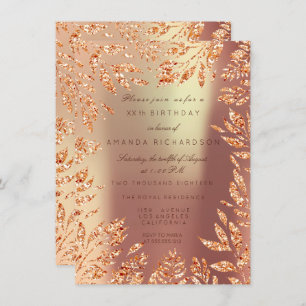 Copper Rose Gold Glitter Leafs Florals Framed Invitation