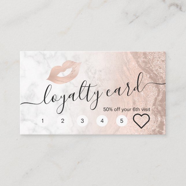 Copper rose gold glitter lips marble makeup artist loyalty card (Front)