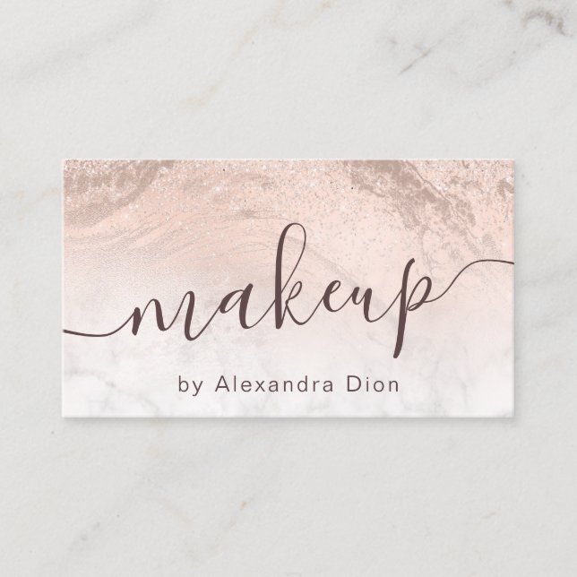 Copper rose gold glitter marble makeup artist business card (Front)