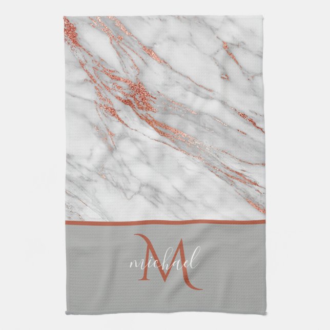 Copper Rose Gold & Grey Marble with Monogram   Tea Towel (Vertical)