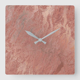 Copper Rose Gold Metallic Coral Marble Minimal Square Wall Clock