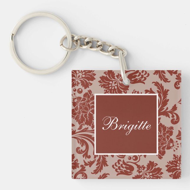 Copper rust damask custom name tag key ring (Front)