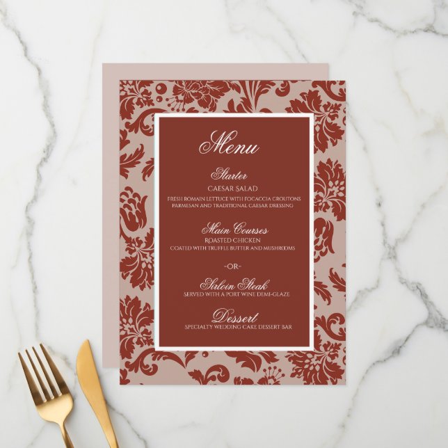 Copper rust damask wedding flat menu (Front/Back In Situ)