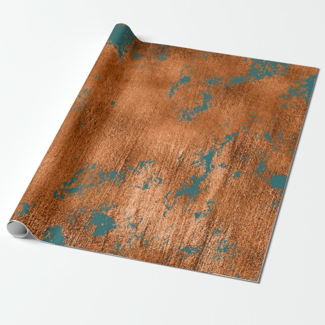 Copper Rust Teal Patina Metallic Abstract Elegant Wrapping Paper (Unrolled)