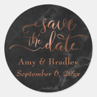 Copper Save the Date Script Over Black Marble