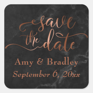 Copper Save the Date Script Over Black Marble Square Sticker