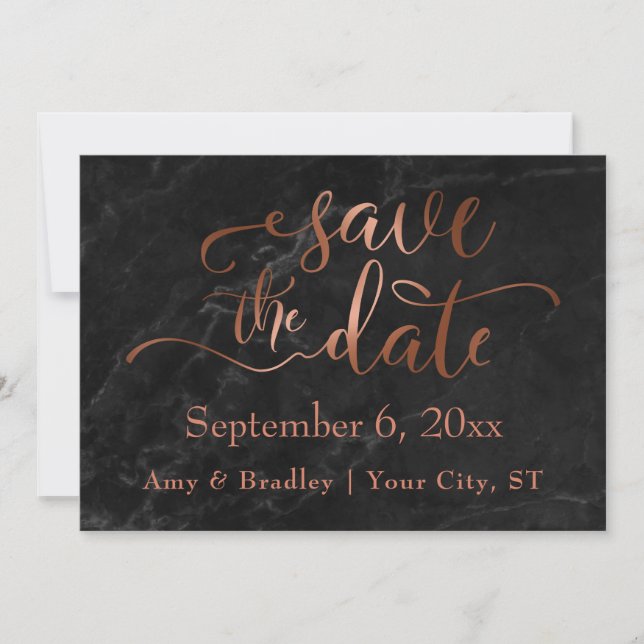Copper Script & Black Marble Wedding Save the Date (Front)