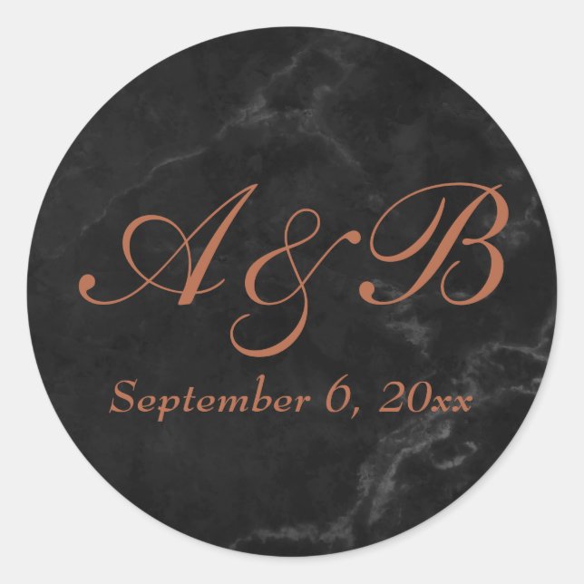Copper Script Initials & Date w/ Faux Black Marble Classic Round Sticker (Front)