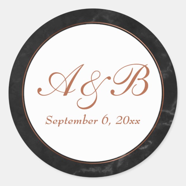 Copper Script Initials & Date w/ Faux Black Marble Classic Round Sticker (Front)