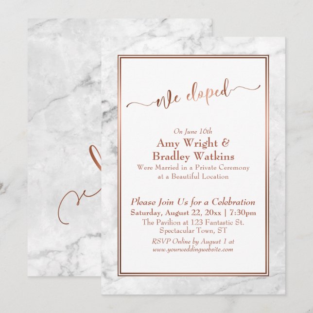 Copper Script We Eloped, White Marble Celebration Invitation (Front/Back)