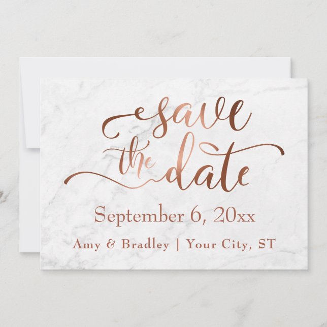 Copper Script & White Marble Wedding Save the Date (Front)