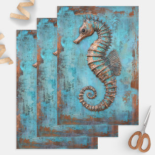 Copper Seahorse Patina Distressed Metal Wrapping Paper Sheet