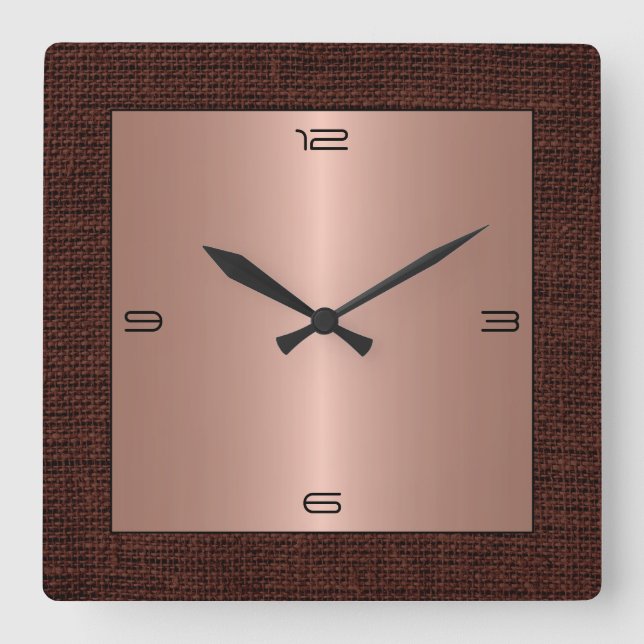 Copper Stainless Steel Modern Burlap Border Square Wall Clock (Front)