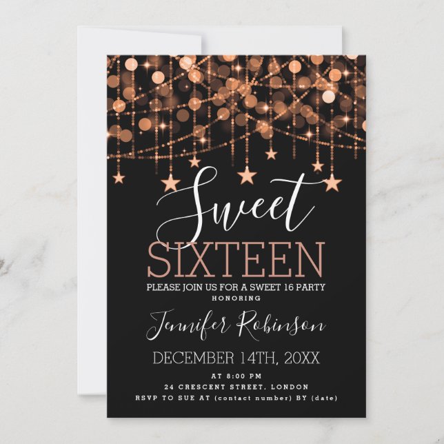 Copper Sweet 16 Birthday Sparkly String Lights Inv Invitation (Front)