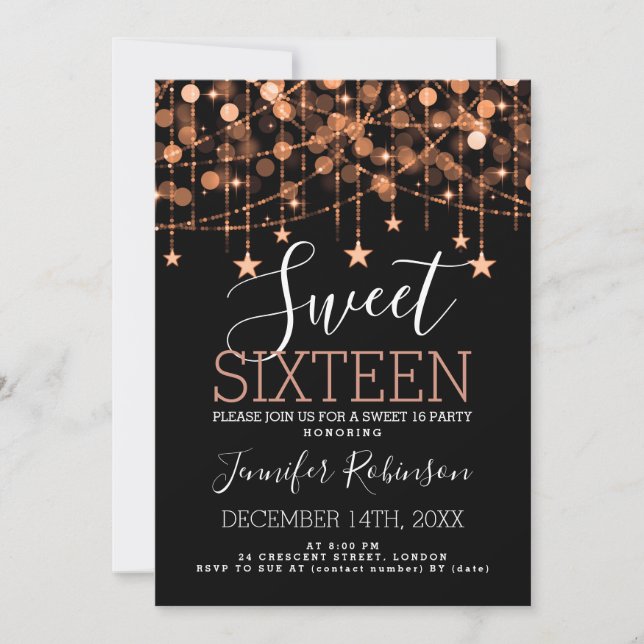 Copper Sweet 16 Birthday Sparkly String Lights Invitation (Front)