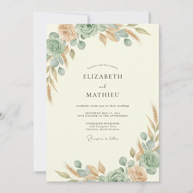 Copper Teal Leafy Wedding Invitation (Front)