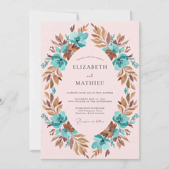 Copper Teal Wreath Wedding Invitation (Front)