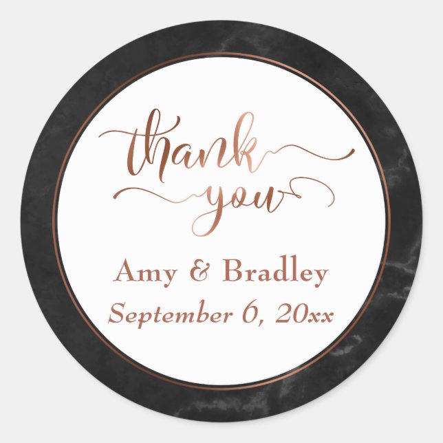 Copper Thank You Script Over Black Marble Classic Round Sticker (Front)