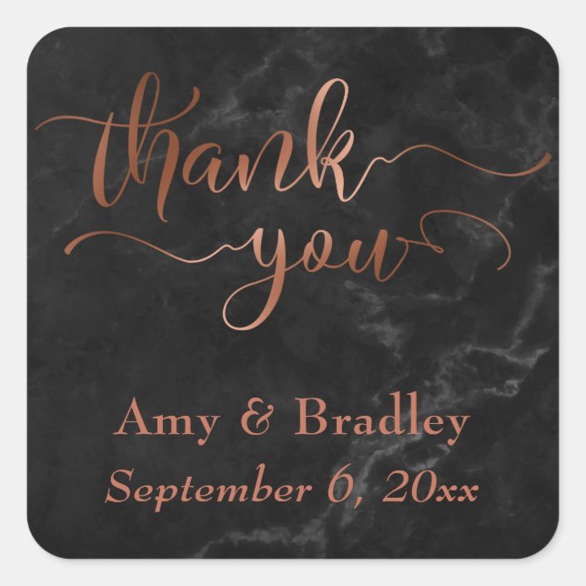 Copper Thank You Script Over Black Marble Square Sticker (Front)