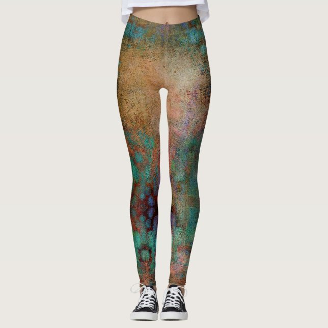 Copper, Turquoise and Magenta Abstract Leggings (Front)